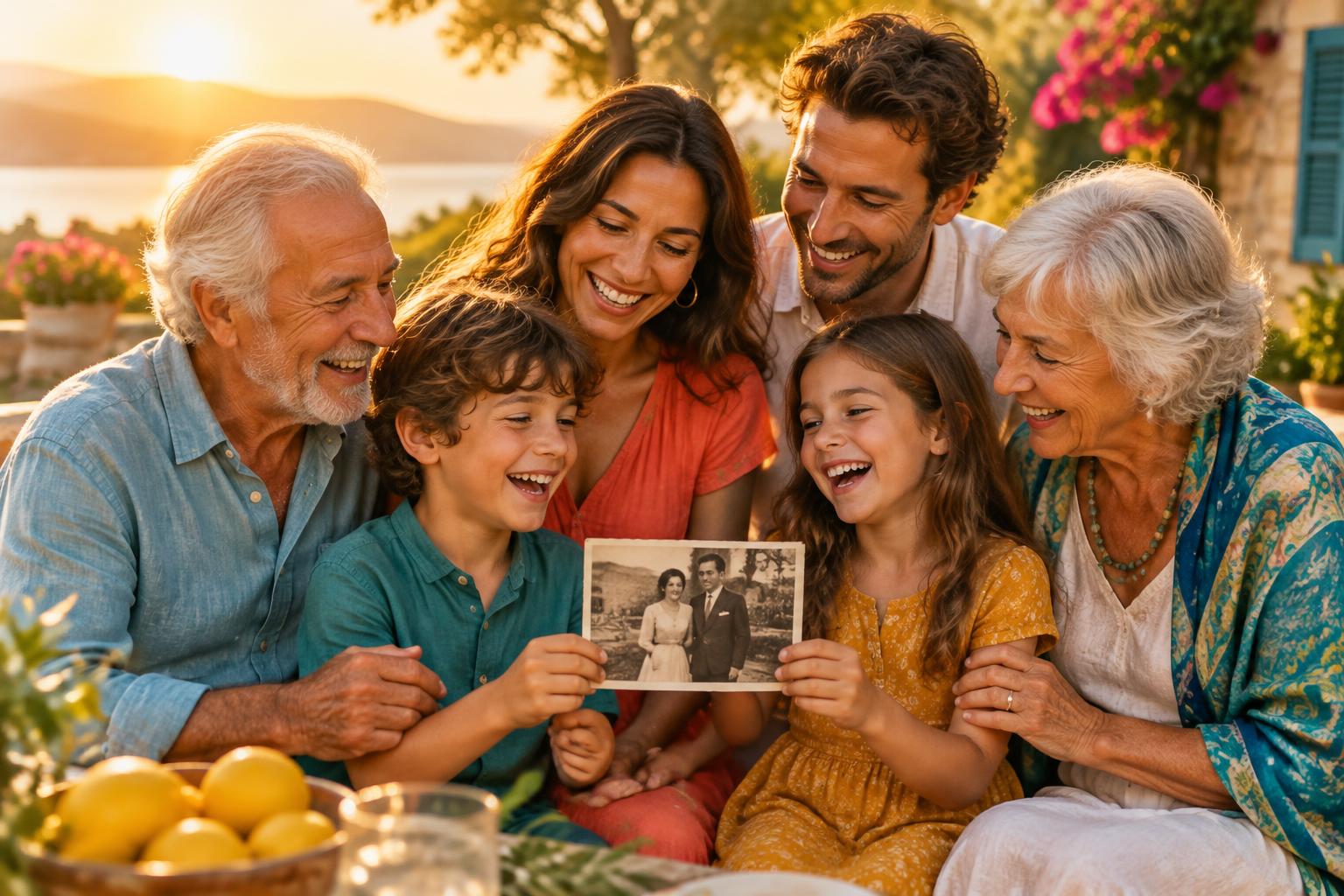 Three generations of a family smiling over a restored vintage photo